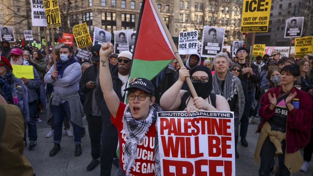 Protestors demonstrate and demand the release of Palestinian activist Mahmoud Khalil, Monday, March 10, 2025, outside the Jacob K. Javits Federal Building in New York. (AP Photo/Yuki Iwamura)