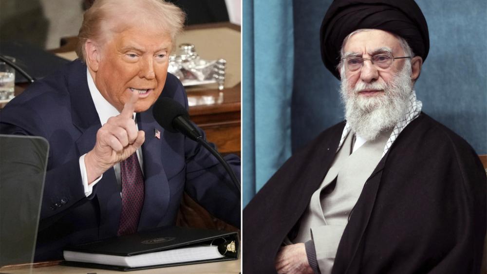 President Donald Trump, left, addressing a joint session of Congress, March 4, 2025, and a handout of Supreme Leader Ayatollah Ali Khamenei attending a ceremony in Tehran, Iran, March 8, 2025. (AP Photo/Ben Curtis - Office of Iranian Leader via AP)