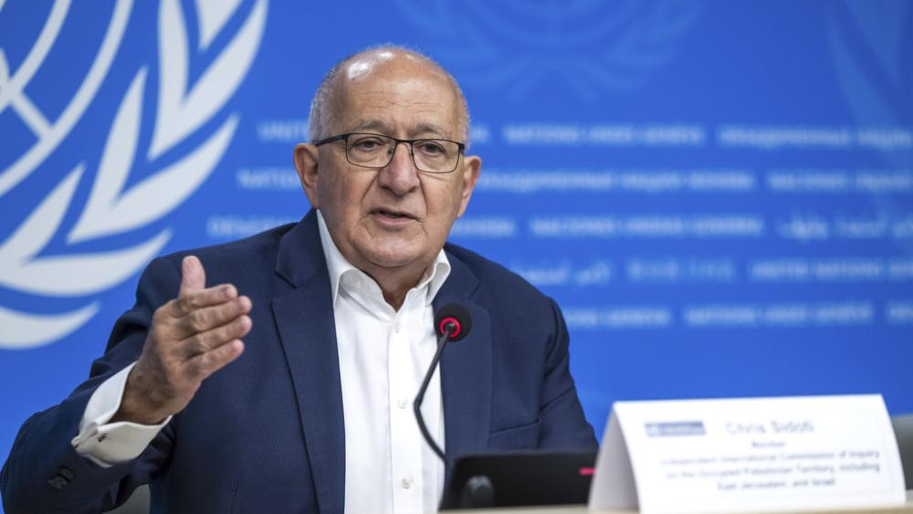 Chris Sidoti speaks about a report of the Independent Intl. Commission of Inquiry on the Occupied Palestinian Territory at the European headquarters of the United Nations, in Geneva, Switzerland, March 13, 2025. (Martial Trezzini/Keystone via AP)