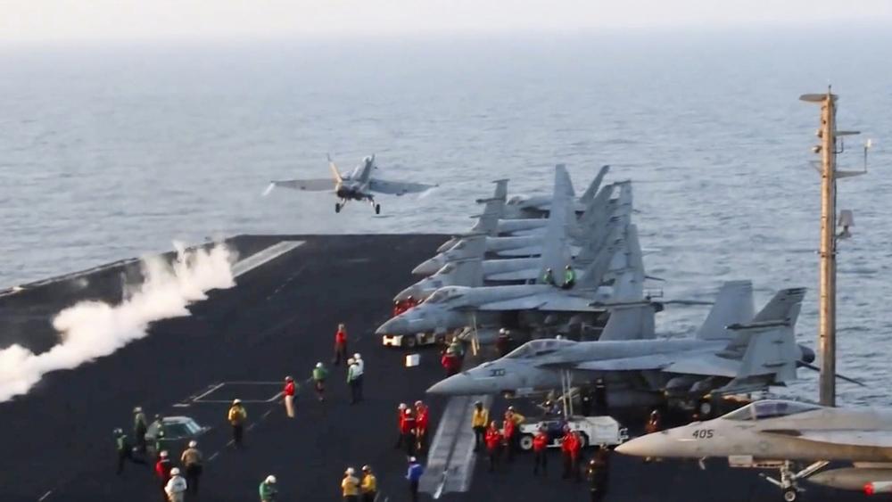 This image taken from video provided by the U.S. Navy shows an aircraft launching from the USS Harry S. Truman in the Red Sea before airstrikes in Sanaa, Yemen, Saturday, March 15, 2025. (U.S. Navy via AP)