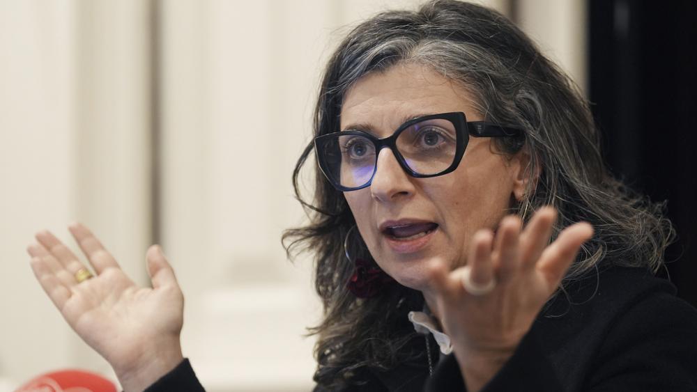 Francesca Albanese, United Nations special rapporteur on the Occupied Palestinian Territories, during a press conference at Buswells Hotel in Dublin. Picture date: Thursday March 20, 2025. 79460581 (Press Association via AP Images)