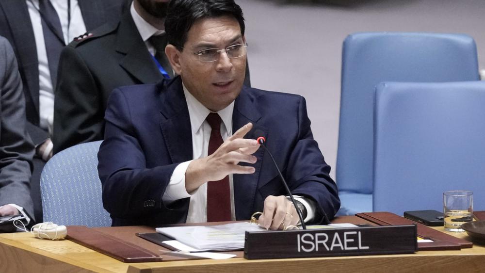 Israel UN Ambassador Danny Danon addresses the United Nations Security Council, Friday, March 21, 2025. (AP Photo/Richard Drew)