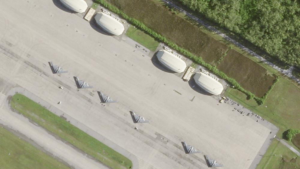 This satellite photo from Planet Labs PBC shows six B-2 stealth bombers parked at Camp Thunder Cove in Diego Garcia on Wednesday, April 2, 2025, as a U.S. airstrike campaign continues against Yemen&#039;s Houthi rebels. (Planet Labs PBC via AP)