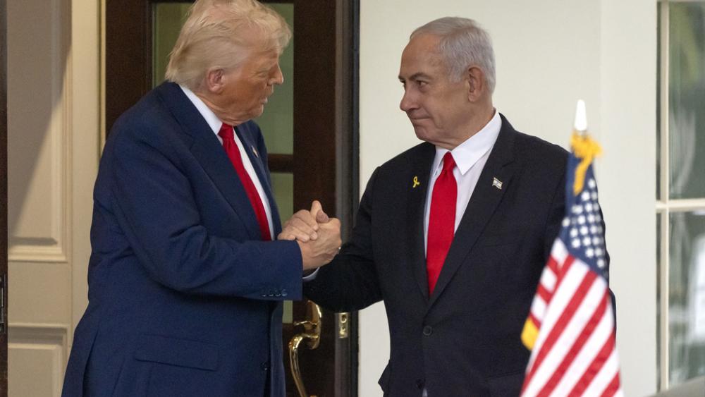 President Donald Trump, left, shakes hands with Israel&#039;s Prime Minister Benjamin Netanyahu as he leaves the West Wing of the White House, Monday, April 7, 2025, in Washington. (AP Photo/Mark Schiefelbein)
