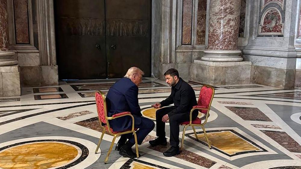 Ukraine&#039;s President Volodymyr Zelenskyy, right, and President Donald Trump, talk as they attend the funeral of Pope Francis in Vatican, Saturday, April 26, 2025.(Ukrainian Presidential Press Office via AP)