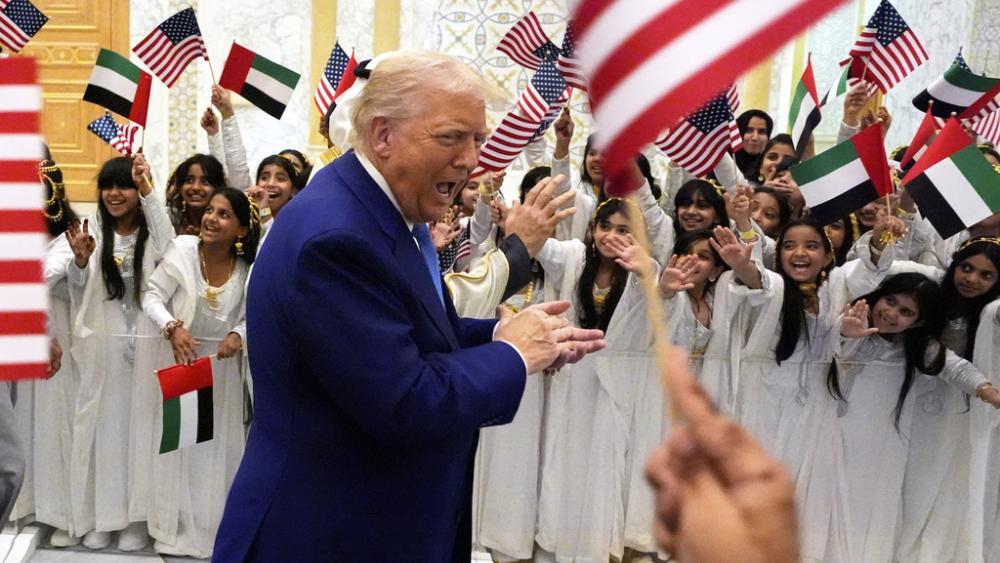 President Donald Trump and UAE President Mohammed bin Zayed Al Nahyan arrive at Qasr Al Watan, Thursday, May 15, 2025, in Abu Dhabi, United Arab Emirates. (AP Photo/Alex Brandon)