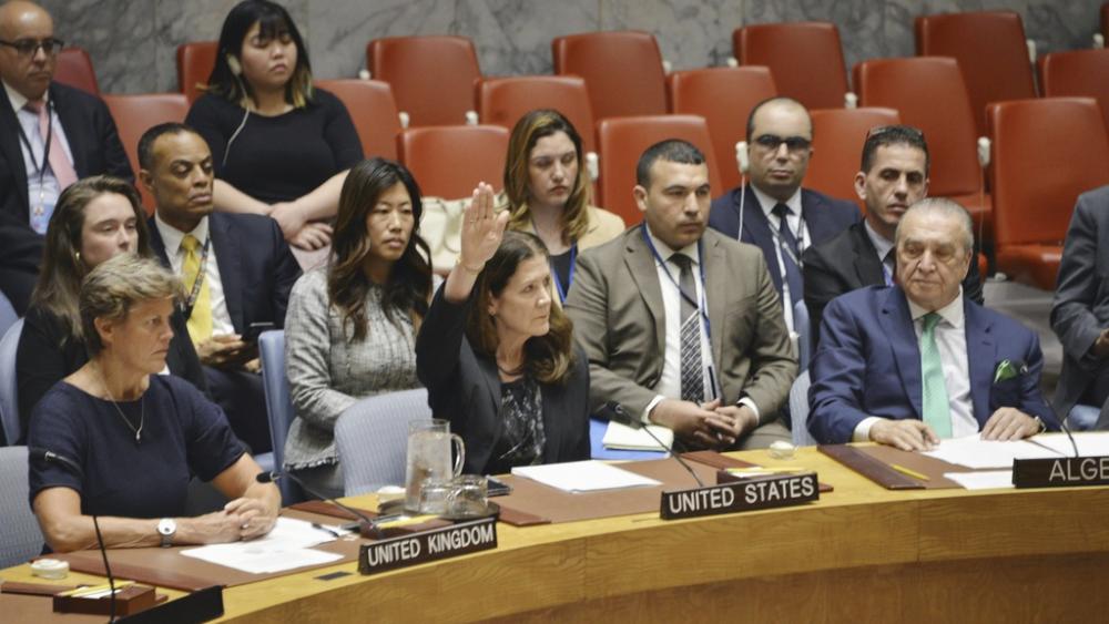 Acting U.S. Ambassador to the U.N. Dorothy Shea, votes to veto a U.N. Security Council draft resolution for a Gaza ceasefire, Wednesday, June 4th, 2025. (Kyodo via AP Images) 