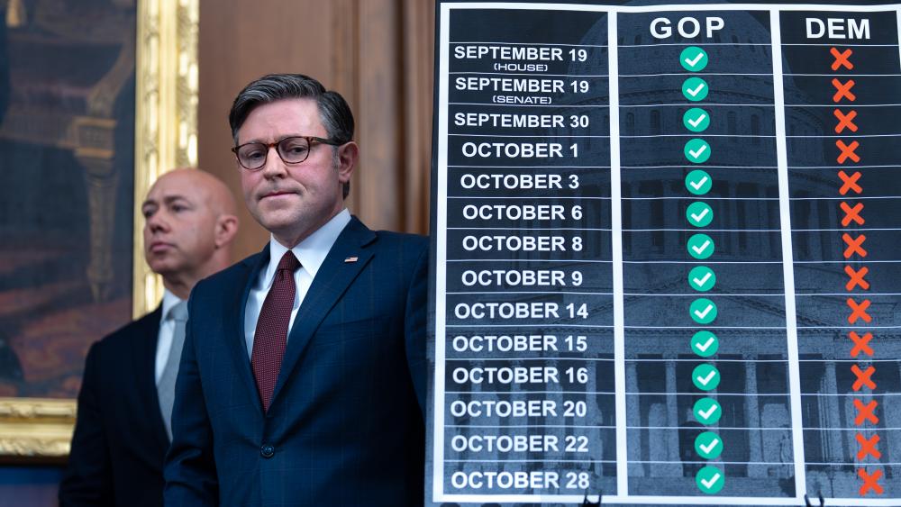 Speaker of the House Mike Johnson, R-LA, stands beside a chart tracking the votes on day 29 of the government shutdown, at the Capitol, Oct. 29, 2025. (AP Photo/J. Scott Applewhite)