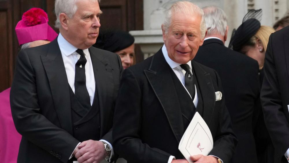 FILE - Britain&#039;s Prince Andrew, left, and Britain&#039;s King Charles III leave after the Requiem Mass service for the Duchess of Kent at Westminster Cathedral in London, Tuesday, Sept. 16, 2025. (AP Photo/Joanna Chan, File)