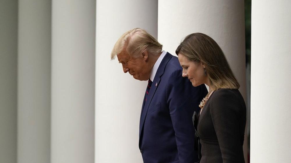 President Donald Trump walks with Judge Amy Coney Barrett (AP Photo/Alex Brandon)