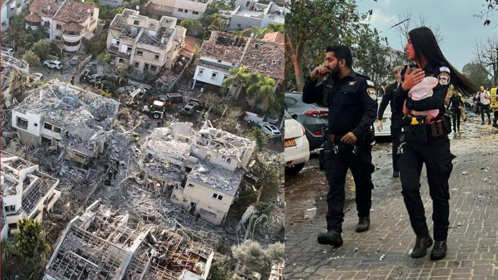 Neighborhood hit by an Iranian ballistic missile (left), and an Israeli policewoman holding the seven-week-old baby of Ariel Levin-Waldman (right) on June 14, 2025.