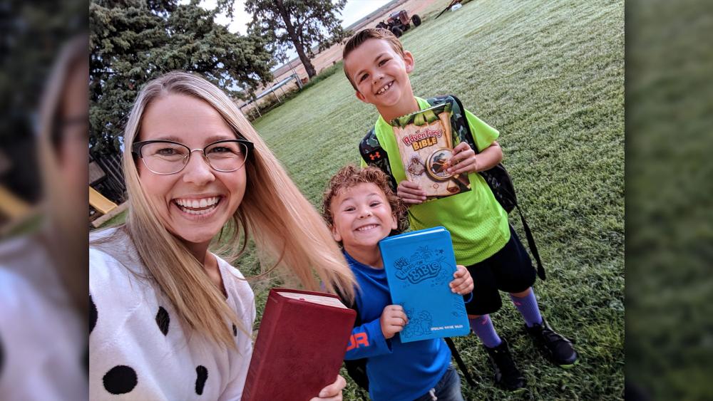Whitney, Sterling, and Stedson bringing Bibles to school in Idalou, TX.