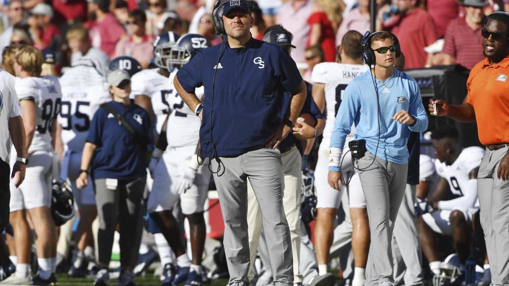 Georgia Southern coach Chad Lunsford watches his team during the second half of an NCAA college football game Saturday, Sept. 18, 2021, in Fayetteville, Ark. (AP Photo/Michael Woods)