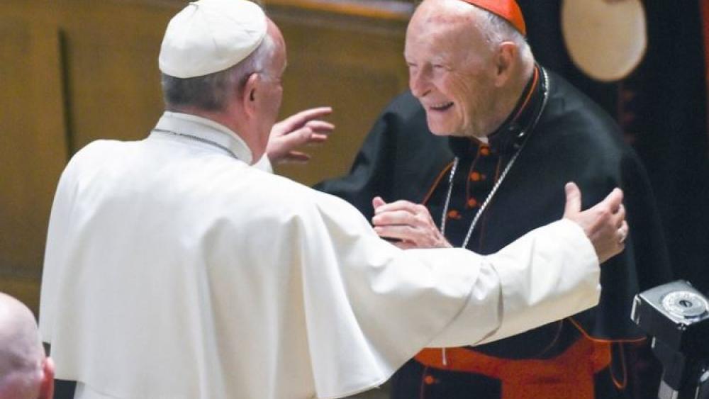 Pope Francis reaches out to hug Cardinal Archbishop emeritus Theodore McCarrick. Allegations that the most respected U.S. cardinal repeatedly sexually abused both boys and adult seminarians has raised questions about what the pope will do about it. 