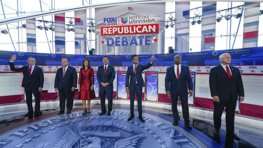 Republican presidential candidates at a presidential primary debate hosted by FOX Business Network and Univision, Sept. 27, 2023, at the Ronald Reagan Presidential Library in Simi Valley, CA (AP Photo/Mark Terrill)