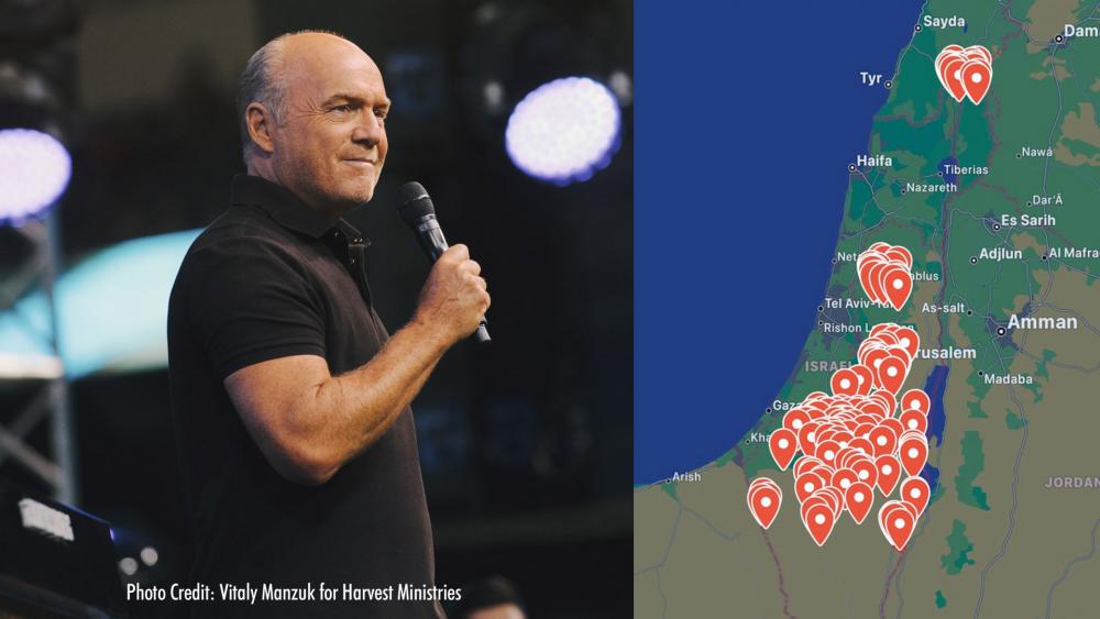 Greg Laurie preaches; an IDF map shows potential missile strike sites from Iran attack