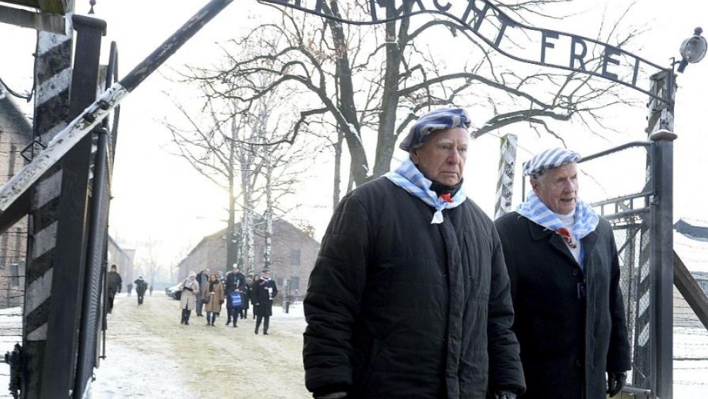 Survivors of Auschwitz gather on the 74th anniversary of the liberation of the former Nazi German death camp in Oswiecim, Poland, on Sunday, Jan. 27, 2019. (AP Photo/Czarek Sokolowski)