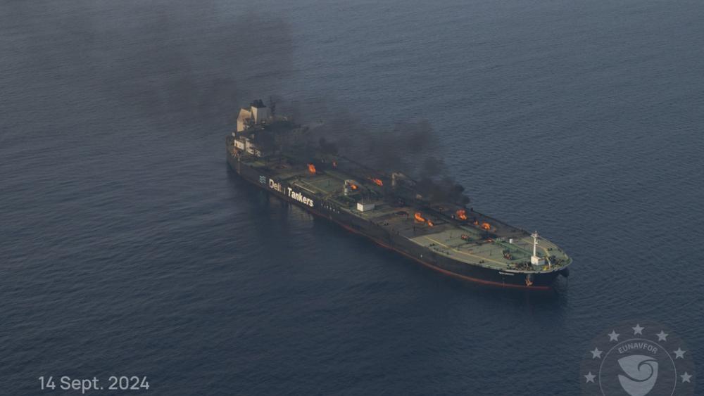 Oil tanker Sounion burning in the Red Sea following a series of attacks by Yemen&#039;s Houthi rebels, on Saturday Sept. 14, 2024. (European Union&#039;s Operation Aspides via AP)
