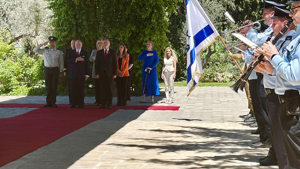 U.S. Ambassador Mike Huckabee on the red carpet of Israeli President Isaac Herzog&#039;s residence, April 21, 2025. Photo Credit: CBN News.