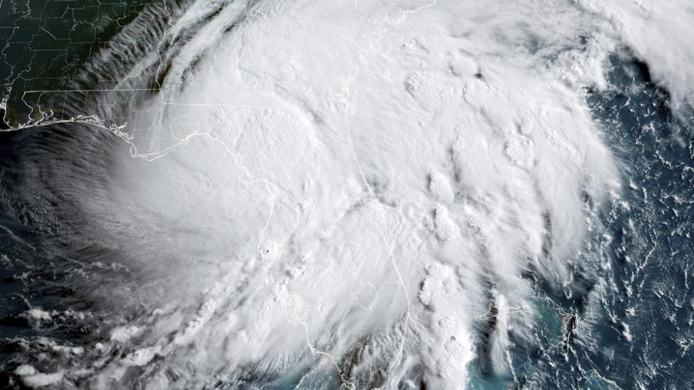 Satellite image provided by National Oceanic and Atmospheric Administration (NOAA) shows Hurricane Debby, a Category 1 storm over northern Florida, Aug. 5, 2024. (NOAA via AP)