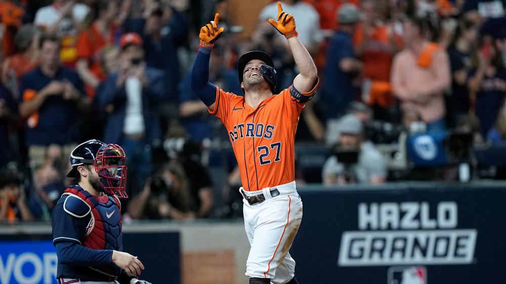 Houston Astros&#039; Jose Altuve celebrates after a home run during the seventh inning in Game 2 of baseball&#039;s World Series between the Houston Astros and the Atlanta Braves, Oct. 27, 2021, in Houston. (AP Photo/David J. Phillip)