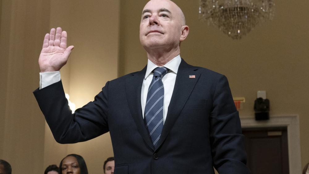 Homeland Security Secretary Alejandro Mayorkas is sworn-in before the House Committee on Homeland Security on April 16, 2024. (AP Photo/Jose Luis Magana)