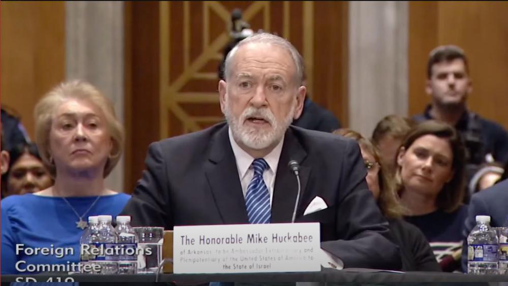 Former Arkansas Gov. Mike Huckabee, US President Donald Trump&#039;s nominee to be ambassador to Israel at the Senate Foreign Relations Committee confirmation hearing on March 25, 2025, in Washington, DC.