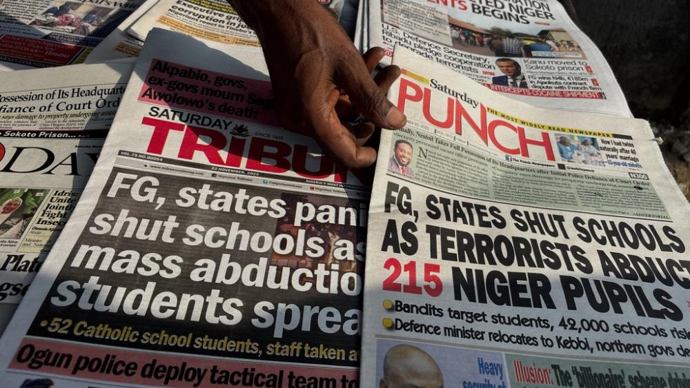 Local newspapers in Lagos with headlines on gunmen abducting schoolchildren and staff of the St. Mary's Catholic Primary and Secondary School in Papiri community in Nigeria, Saturday, Nov. 22, 2025. (AP Photo/Sunday Alamba ) Local newspapers in Lagos with headlines on gunmen abducting schoolchildren and staff of the St. Mary's Catholic Primary and Secondary School in Papiri community in Nigeria, Saturday, Nov. 22, 2025. (AP Photo/Sunday Alamba )