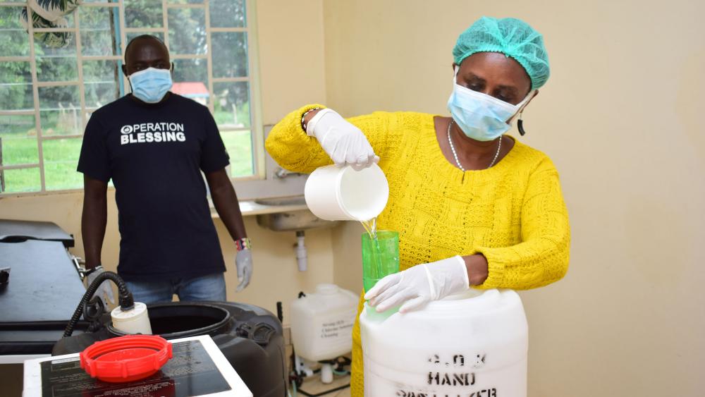 Operation Blessing in Kenya is just one location producing sanitizing chemicals to fight the virus.
