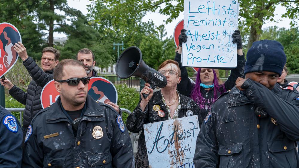 Pro-choice protesters attacked pro-life protesters and the U.S Capitol police who were on the scene during a demonstration outside the U.S. Capitol on Mother&#039;s Day, May 8, 2022 (AP Photo/Gemunu Amarasinghe)