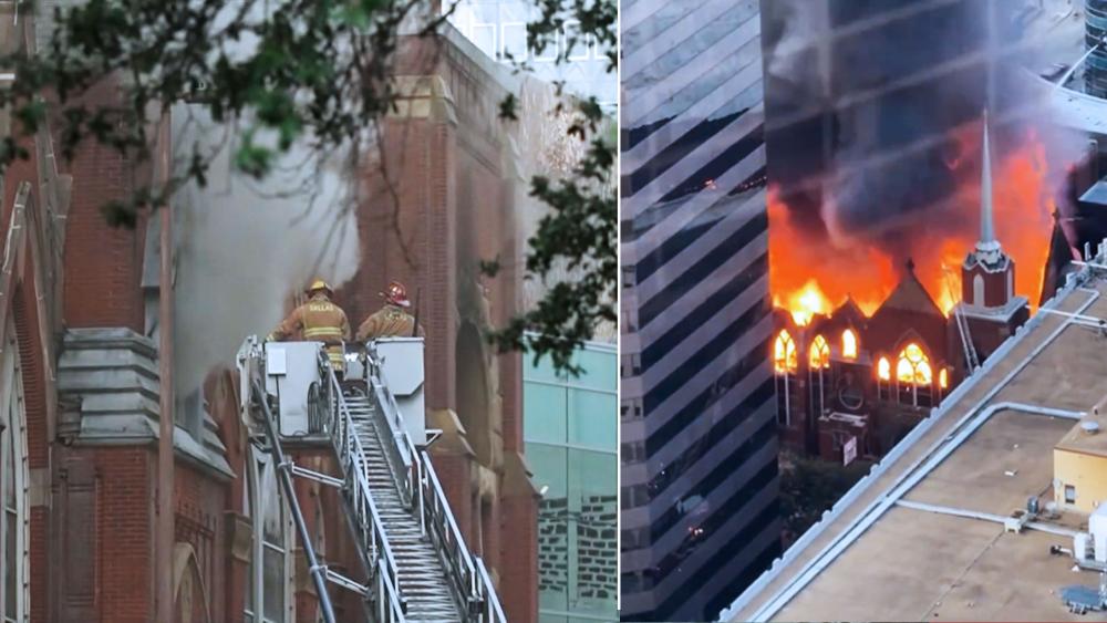 Fire burns historic chapel at First Baptist Church in Dallas (Screen shots)