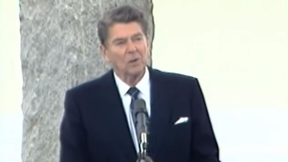 President Ronald Reagan gives his speech on the 40th anniversary of D-Day on June 6, 1984. (Screenshot courtesy: The Ronald Reagan Presidential Library/YouTube)