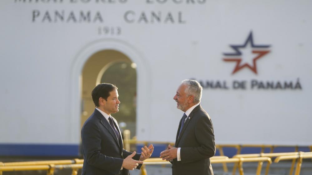 U.S. Secretary of State Marco Rubio, left, and Panama Canal Authority Administrator Ricuarte Vásquez talk during a tour of the Miraflores Locks in Panama City, Sunday, Feb. 2, 2025. (AP Photo/Mark Schiefelbein, Pool)