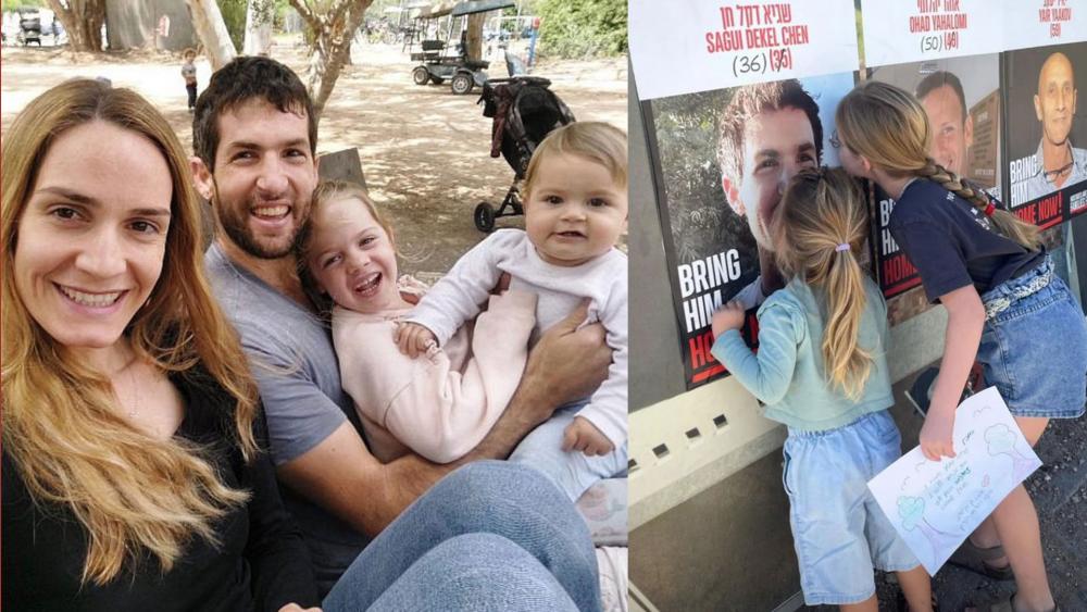Sagui Dekel-Chen with his family (left); Chen&#039;s daughters kiss a hostage poster of him. Photo Credit: Courtesy.