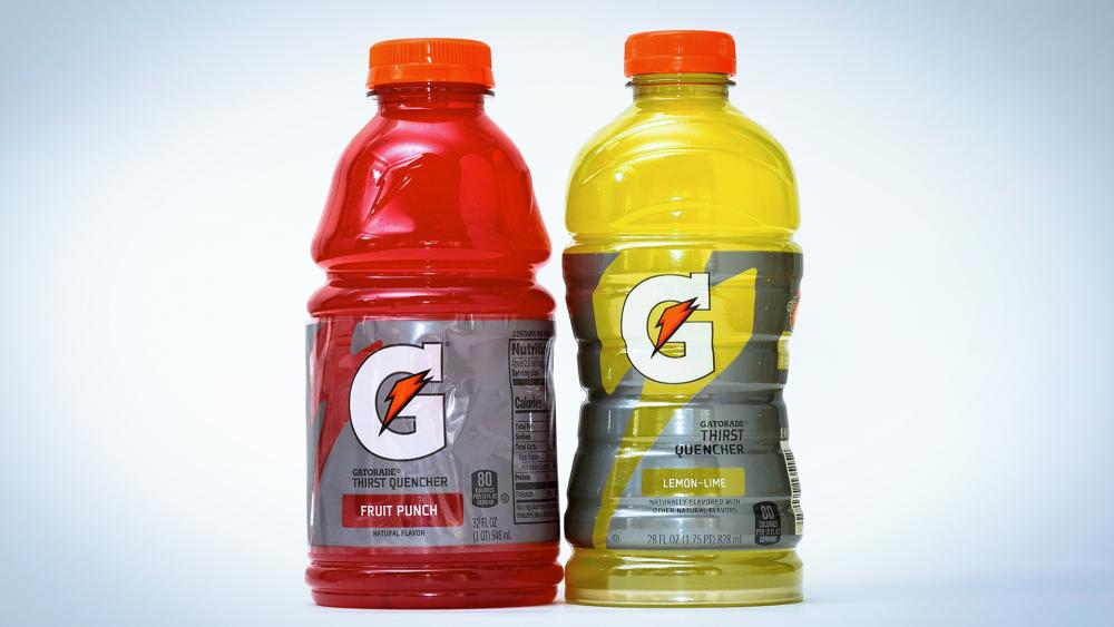 Bottles of Gatorade are pictured; a 32 fluid ounce and the newer 28 fluid ounce version, in Glenside, PA, June 6, 2022. (AP Photo/Matt Rourke)