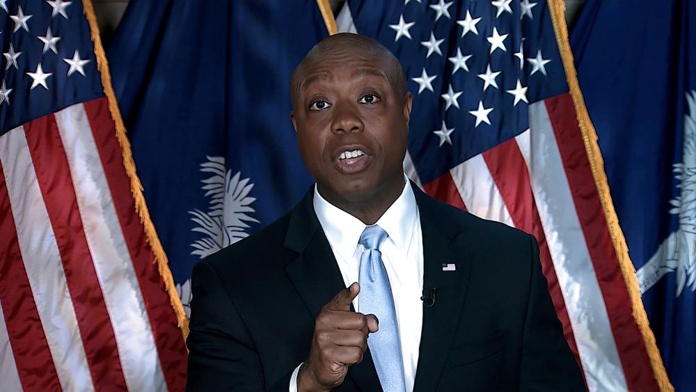Sen. Tim Scott, R-S.C., delivers the Republican response to President Joe Biden&#039;s speech to a joint session of Congress on Wednesday, April 28, 2021, in Washington. (Senate Television via AP)