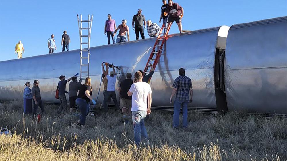 Amtrak train derailment on Saturday, Sept. 25, 2021, in north-central Montana.(Kimberly Fossen via AP)