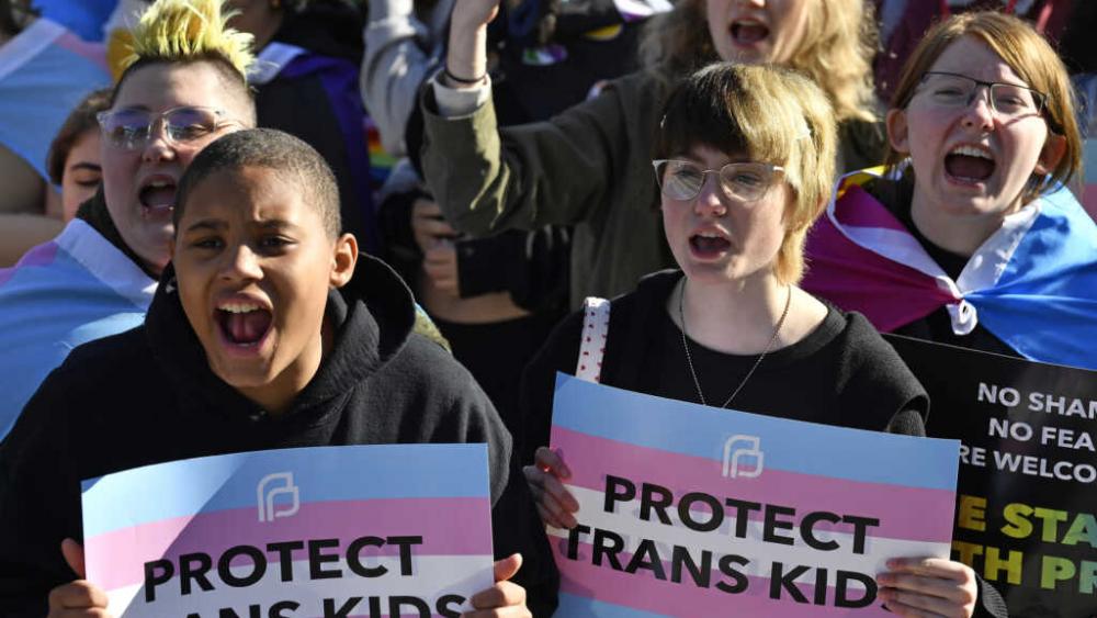 Pro-trans protesters during a rally at the Kentucky Capitol in Frankfort, Ky., March 29, 2023. (AP Photo/Timothy D. Easley, File)