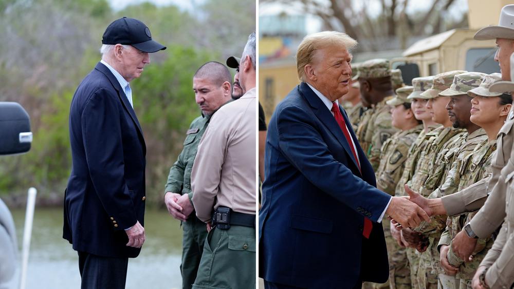 President Joe Biden talks with the U.S. Border Patrol in Brownsville (AP Photo/Evan Vucci) while Donald Trump greets members of Texas Department of Public Safety in Eagle Pass (AP Photo/Eric Gay)
