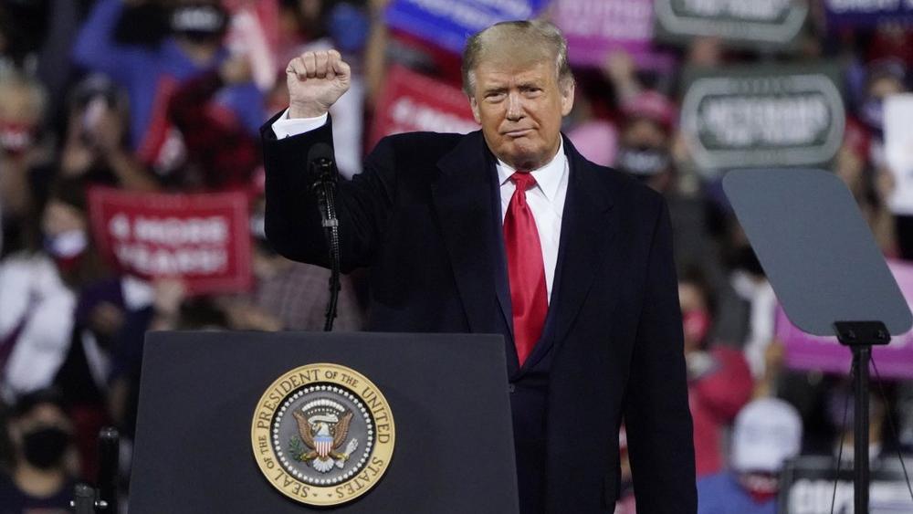 Trump wraps up his speech at a campaign rally at Fayetteville Regional Airport, Saturday, Sept. 19, 2020, in Fayetteville, N.C. (AP Photo/Chris Carlson)