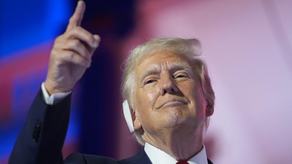 Republican presidential candidate former President Donald Trump gestures during the final day of the Republican National Convention Thursday, July 18, 2024, in Milwaukee. (AP Photo/Paul Sancya)