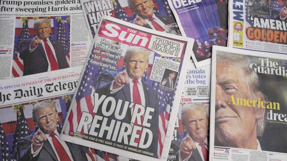 Britain&#039;s newspapers’ front pages reporting on U.S. President-elect Donald Trump in the U.S. presidential election, are seen in London, Thursday, Nov. 7, 2024. (AP Photo/Kirsty Wigglesworth)