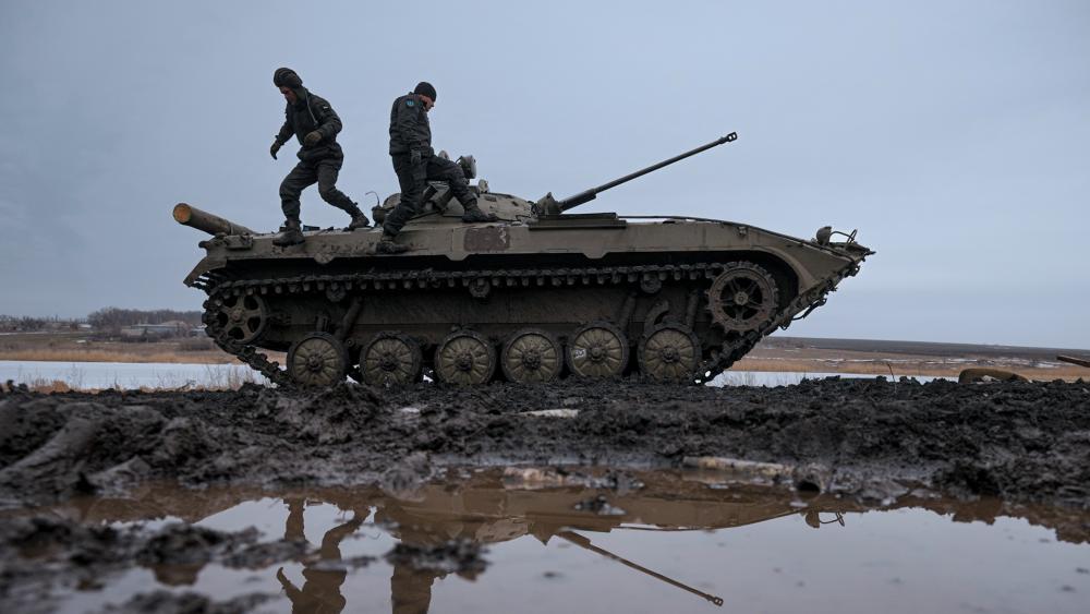 U.S. M1 Abrams tanks may be on their way to the Ukraine battlefield in months to supplement these smaller tanks.. (AP Photo/Vadim Ghirda)
