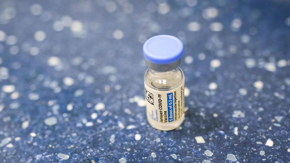 A vial with the Johnson &amp; Johnson&#039;s one-dose COVID-19 vaccine. (AP Photo/Mary Altaffer)