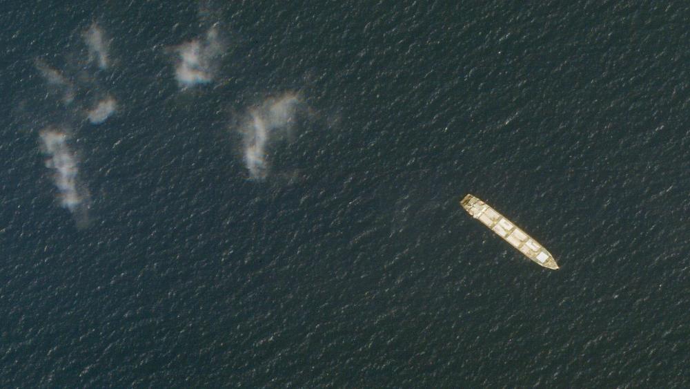 This Oct. 1, 2020, satellite photo from Planet Labs Inc. shows the Iranian cargo ship MV Saviz in the Red Sea off the coast of Yemen. (Planet Labs Inc. via AP)