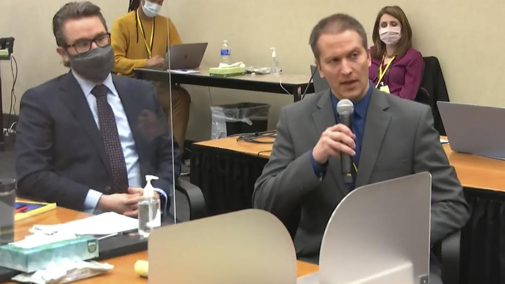 In this image from video, defense attorney Eric Nelson, left, and defendant, former Minneapolis police officer Derek Chauvin address Hennepin County Judge Peter Cahill during motions before the court Thursday, April 15, 2021. (Court TV via AP, Pool)