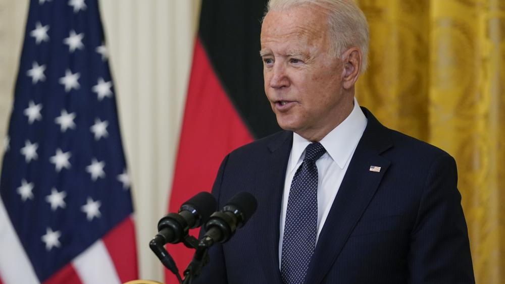 President Joe Biden speaks during. News conference with German Chancellor Angela Merkel in the East Room of the White House in Washington, Thursday, July 15, 2021. (AP Photo/Susan Walsh)