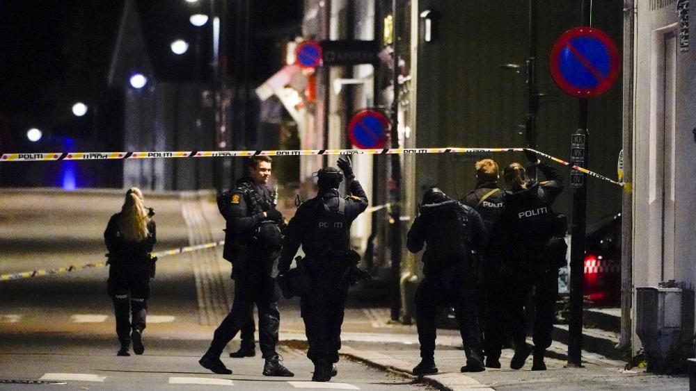 Police stand at the scene after an attack in Kongsberg, Norway, Wednesday, Oct. 13, 2021. (Hakon Mosvold Larsen/NTB Scanpix via AP)