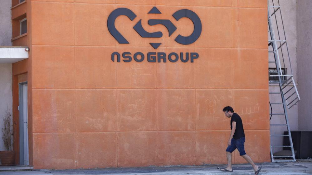A logo adorns a wall on a branch of the Israeli NSO Group company, near the southern Israeli town of Sapir, Aug. 24, 2021.  (AP Photo/Sebastian Scheiner, File)