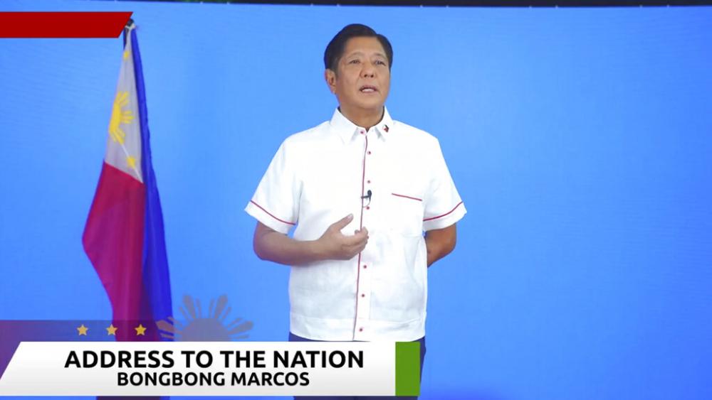 In this image from video posted on the Bongbong Marcos Facebook page, presidential candidate and former senator Ferdinand Marcos Jr. issues a statement to the media on Monday, May 9, 2022 in Manila, Philippines. AP Photo